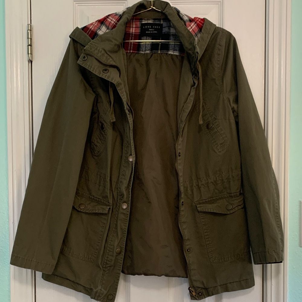 Love Tree Olive Green Utility Jacket with Plaid Lining